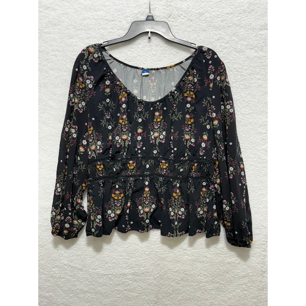 Old Navy XXL Black Floral Print Long Sleeve Peplum Blouse Womens Top